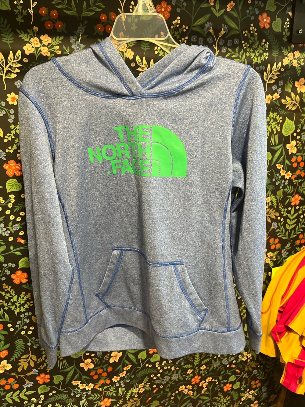 The North Face Heather Blue Pullover Hoodie with Neon Green Logo